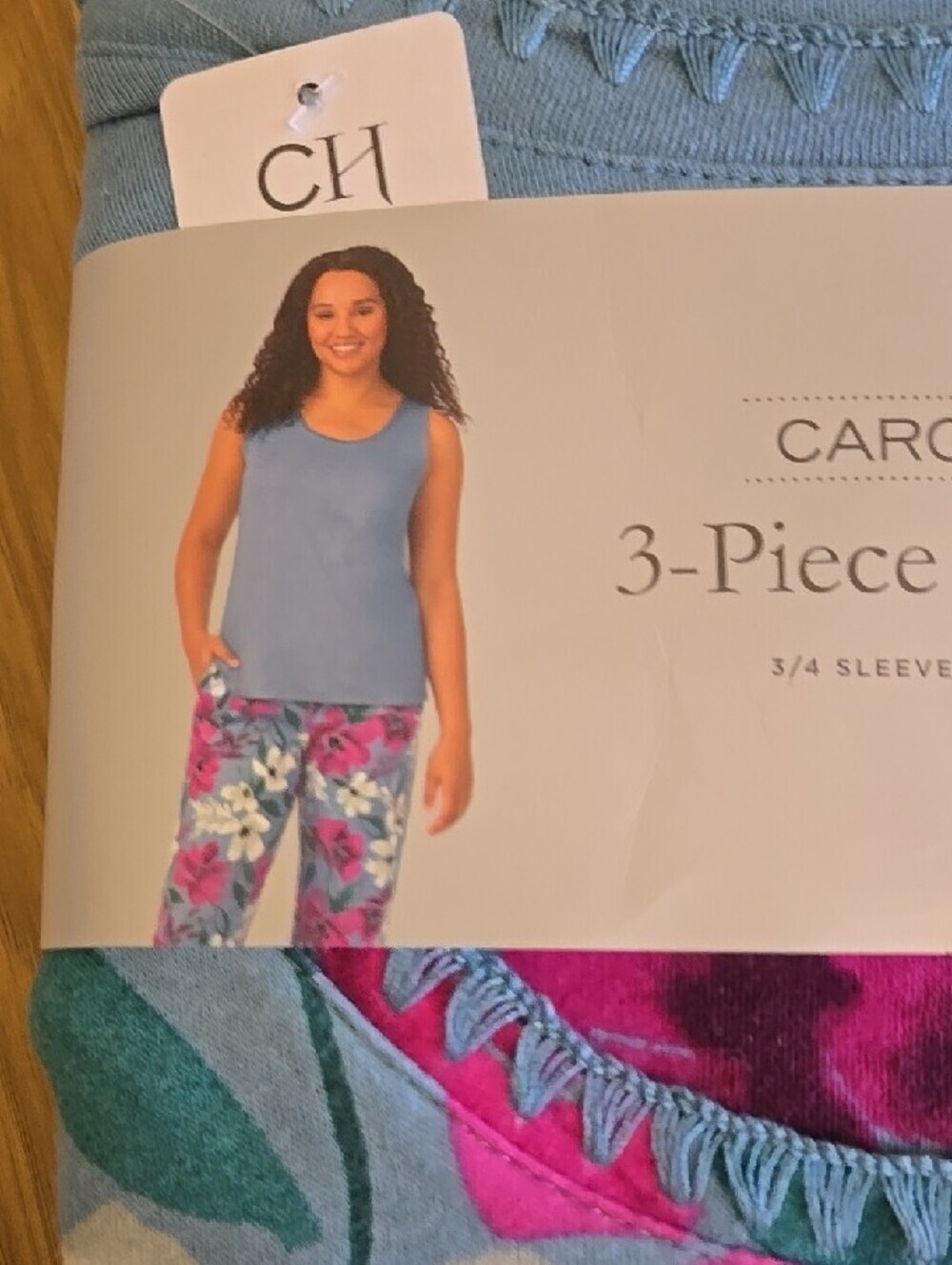 Carole Hochman Blue, Pink and Teal Floral Cotton 3 Pieces Pajama Set - Picture 5 of 6
